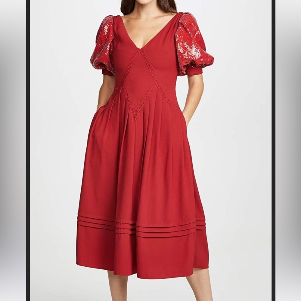 Self Portrait Sequin Puff Sleeve Midi Dress